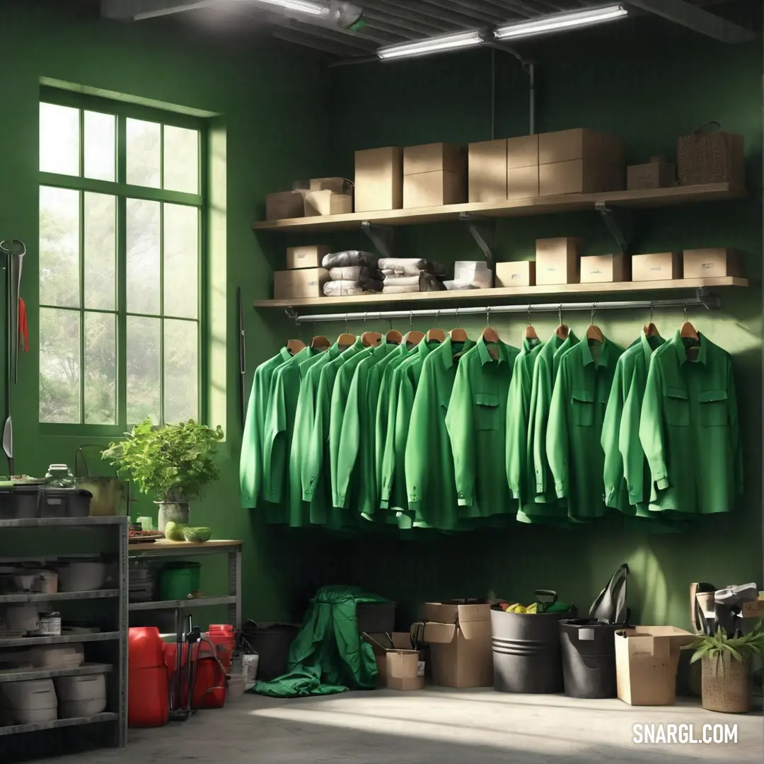 Room with a green shirt and a red suitcase and a green wall and a window. Example of NCS S 4040-G20Y color.