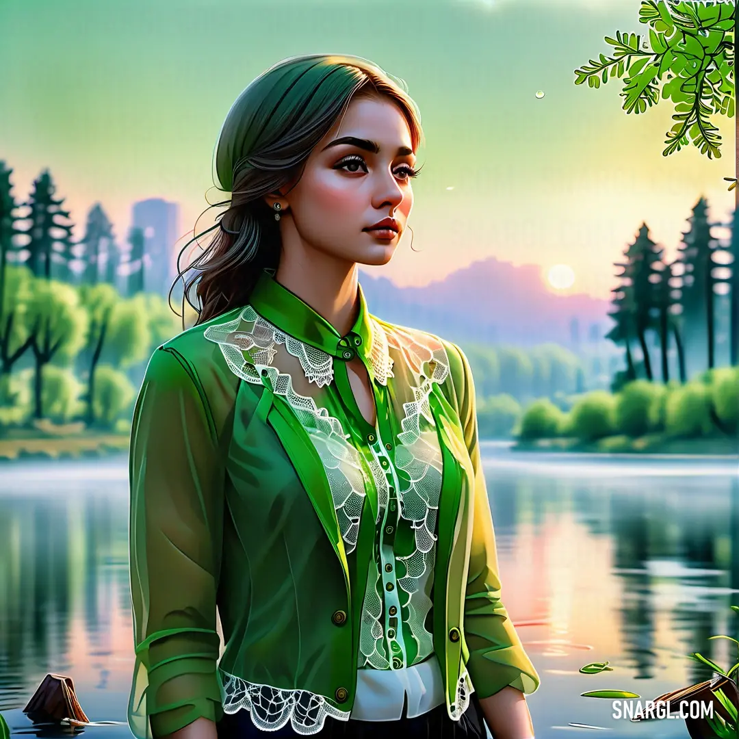 Painting of a woman standing in front of a lake with a green shirt on. Color NCS S 4040-G20Y.