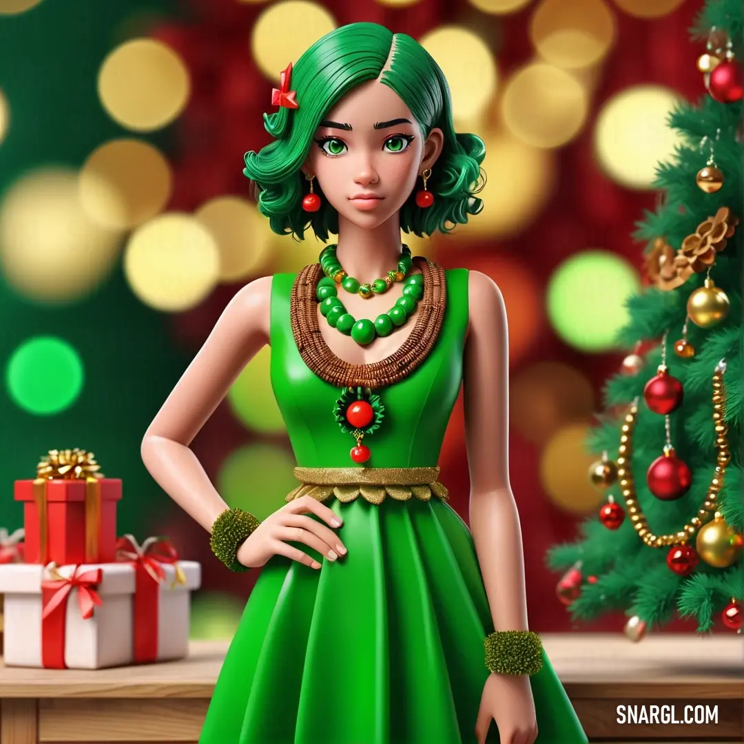 NCS S 4040-G20Y color example: Woman in a green dress standing next to a christmas tree and presents on a table