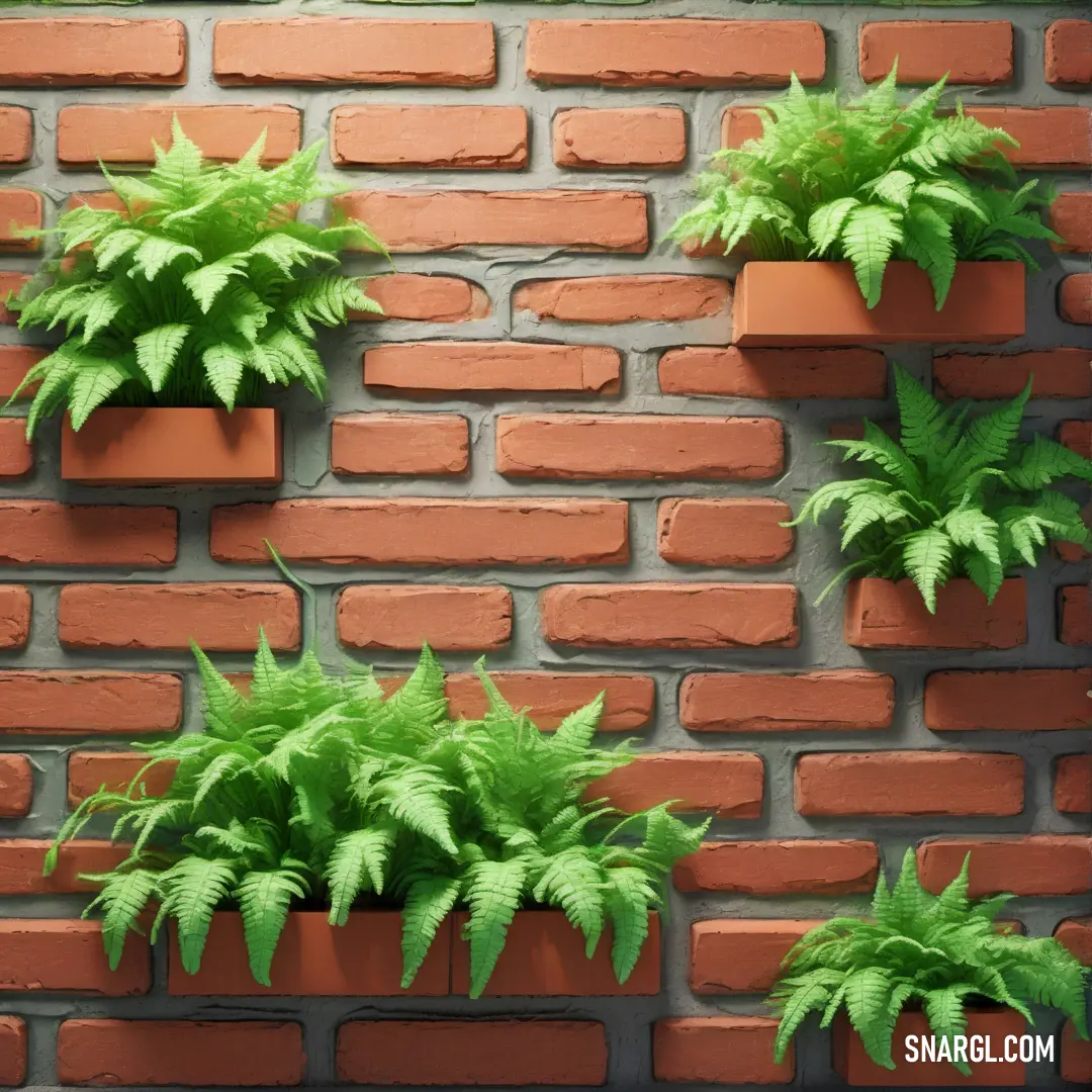 Brick wall with a planter on it and a brick wall behind it with a green plant growing out of it. Color NCS S 4040-G30Y.