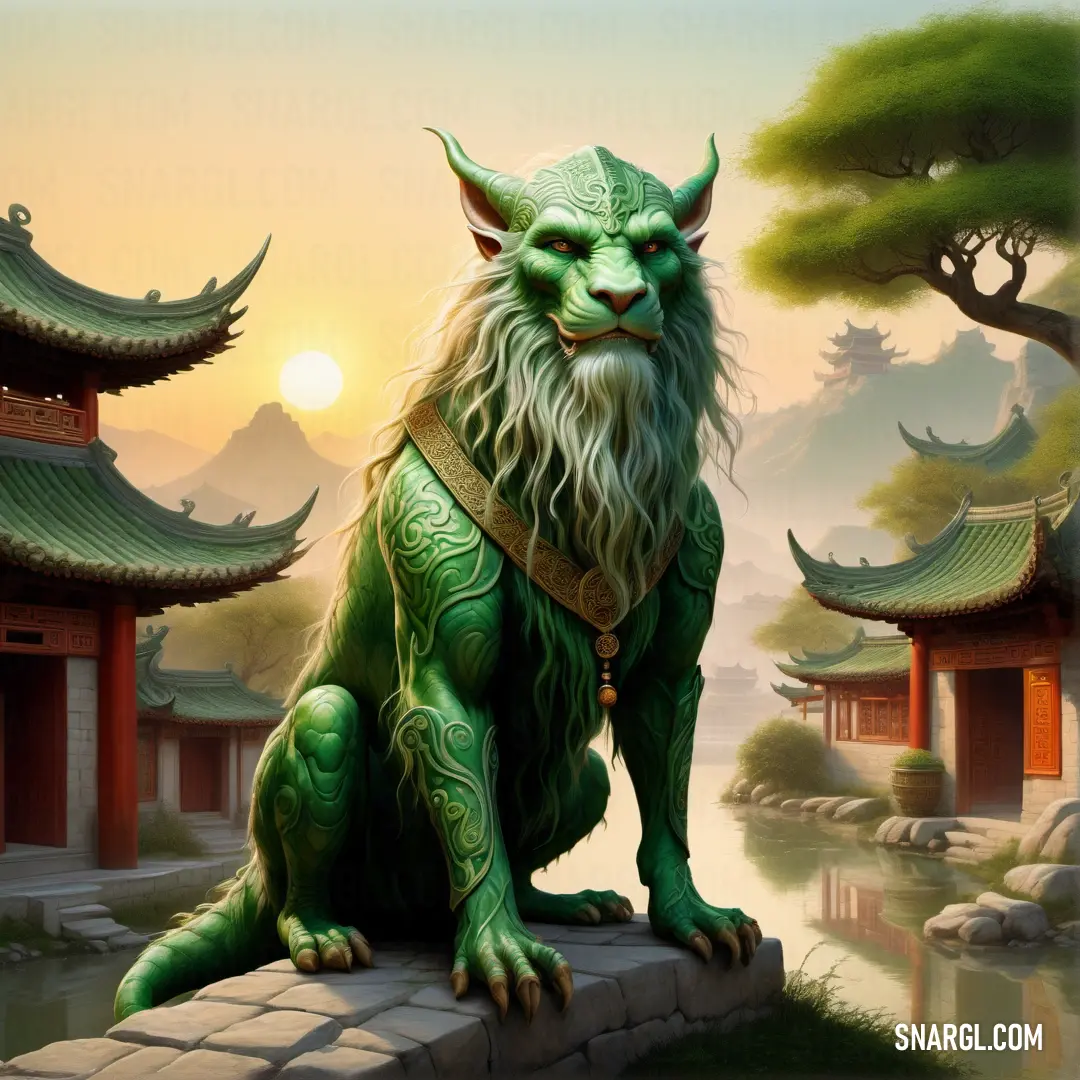 Green lion on a stone wall next to a lake and pagodas at sunset with a sky background. Example of NCS S 4040-G30Y color.