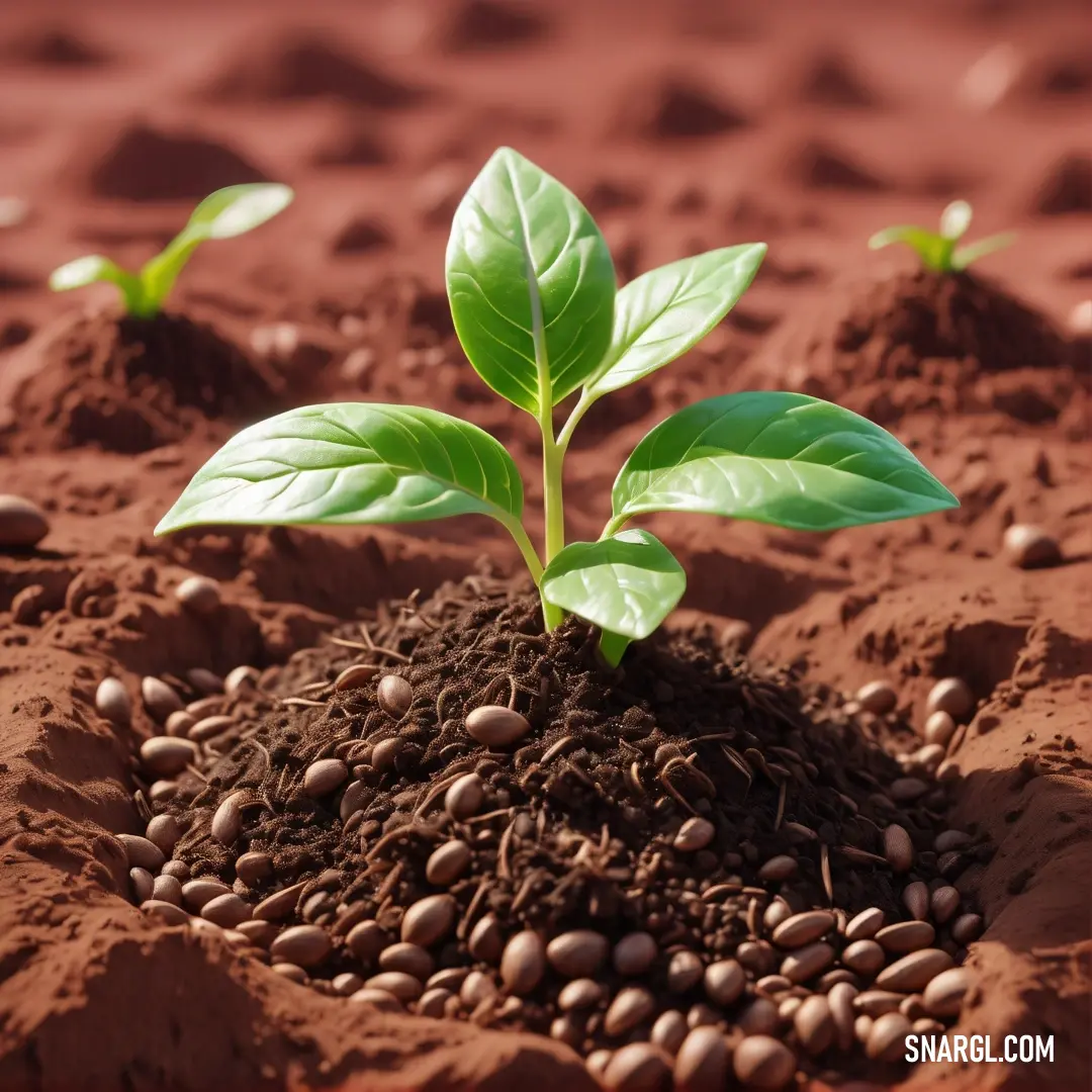 Plant sprouts from a mound of dirt with other plants growing out of it on a red background. Color RGB 42,121,22.