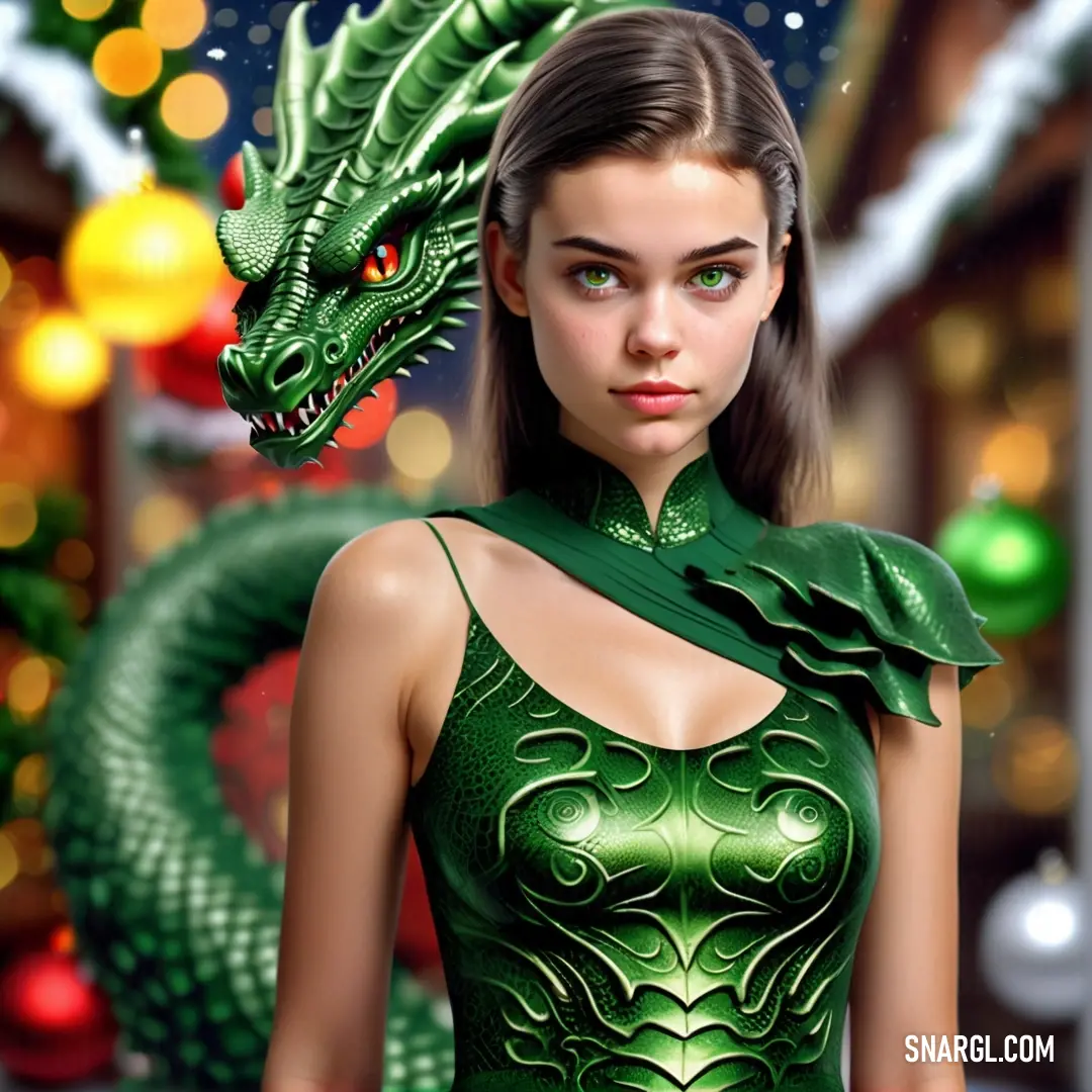 Woman in a green dress with a dragon on her shoulder and a christmas tree in the background. Example of NCS S 4040-G30Y color.