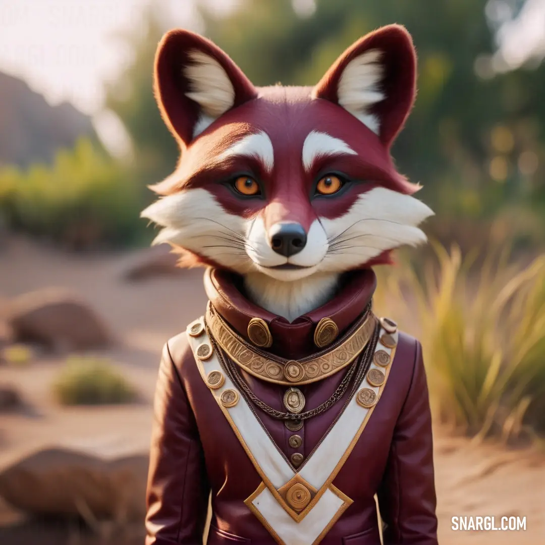 Red fox wearing a leather outfit and a collar with a gold ring around its neck and a collar. Example of CMYK 0,80,50,45 color.