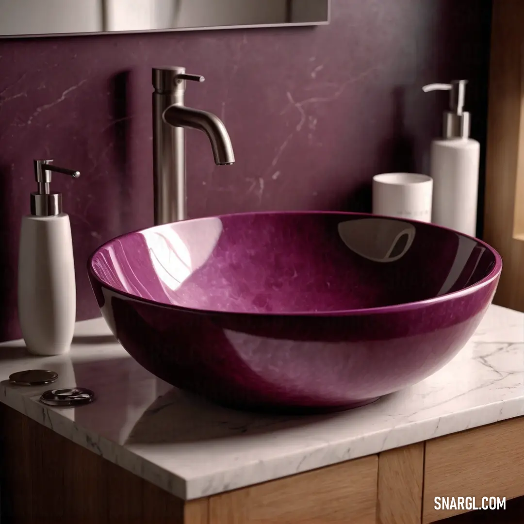 Bathroom sink with a purple bowl on a counter top next to a mirror and soap dispenser. Example of NCS S 4040-R20B color.