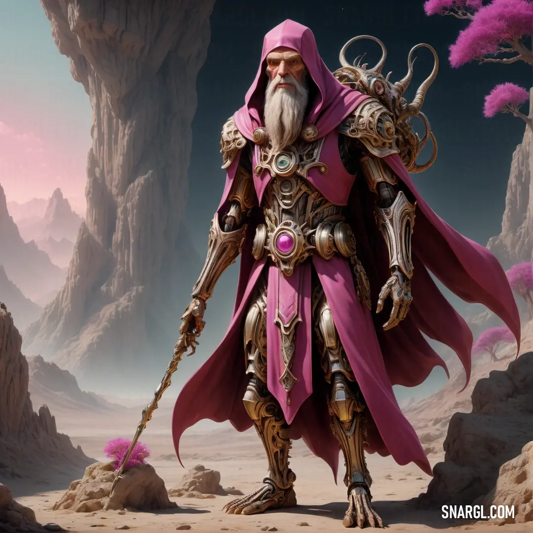 Man in a pink outfit with a long beard and a long beard holding a sword in his hand. Example of CMYK 0,82,20,52 color.