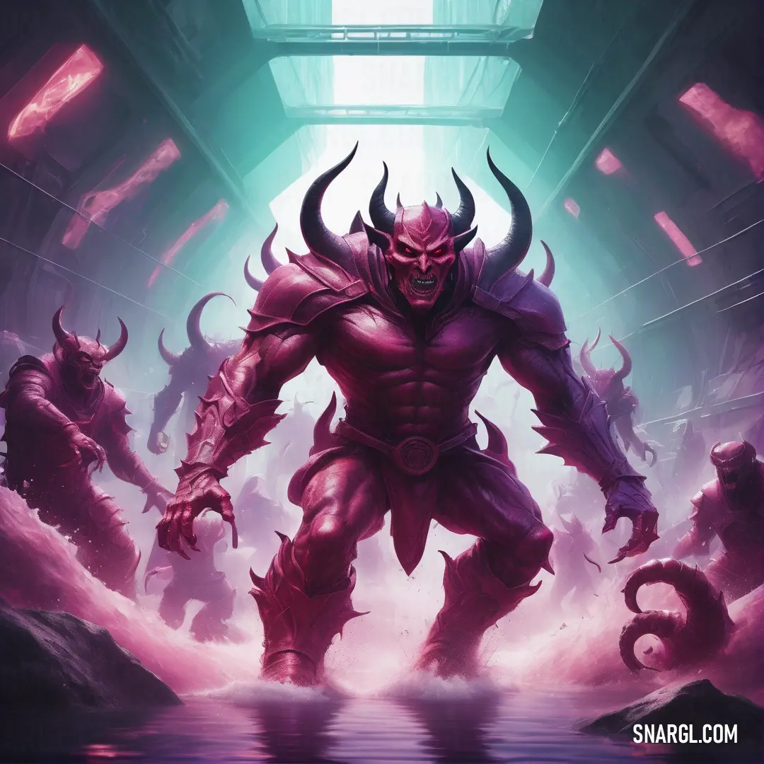 Demonic demon with horns and horns on his face standing in a tunnel with other demonic creatures surrounding him