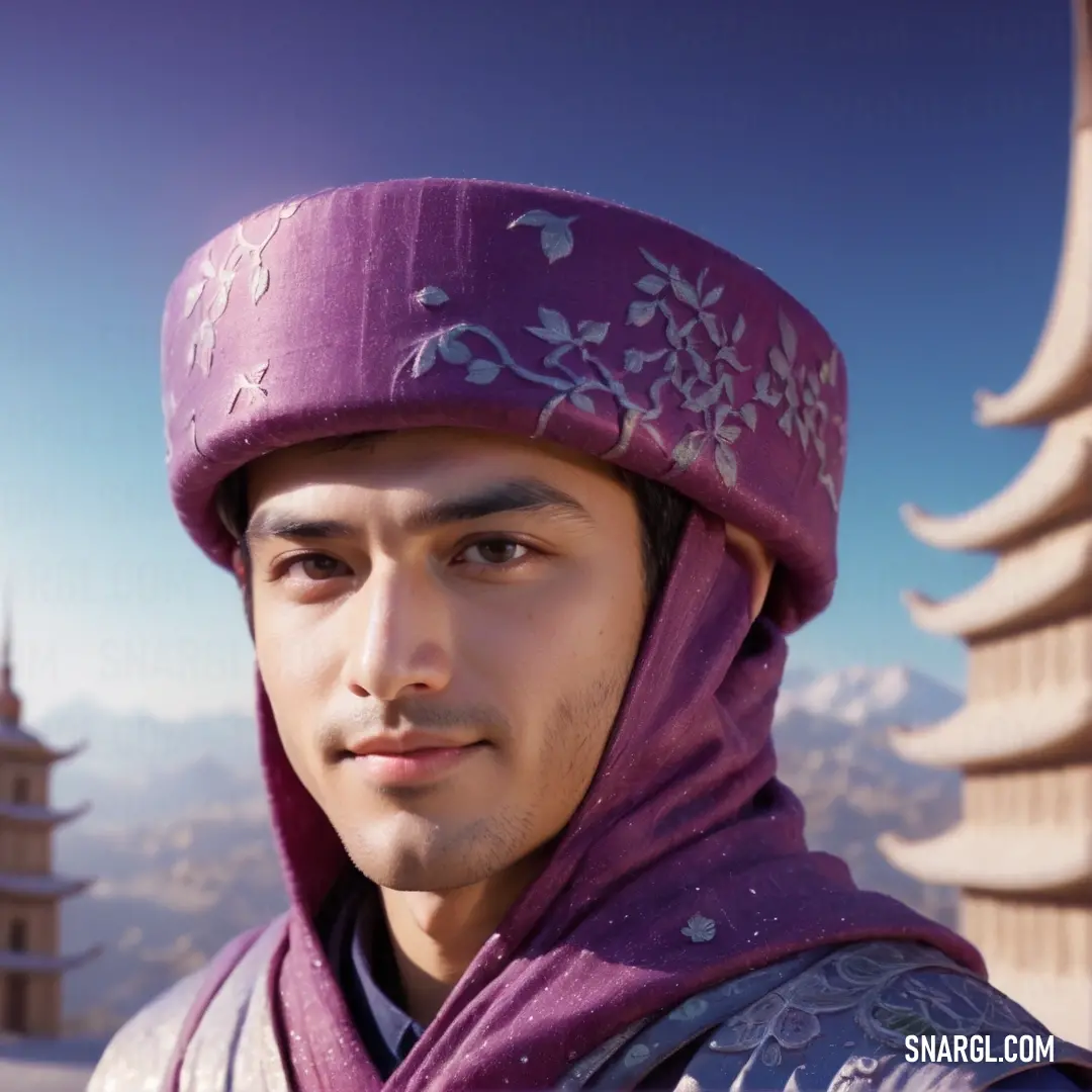 Man in a purple hat and purple scarf standing in front of a building with a pagoda in the background. Example of RGB 124,43,88 color.