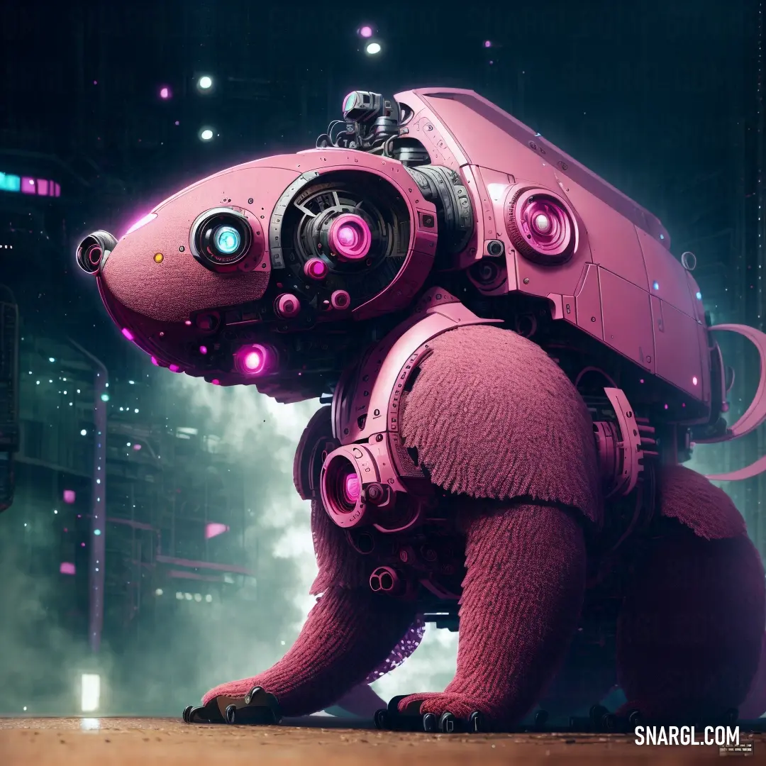 Pink robot dog standing on top of a wooden floor in front of a stage with lights and smoke. Example of NCS S 4040-R30B color.