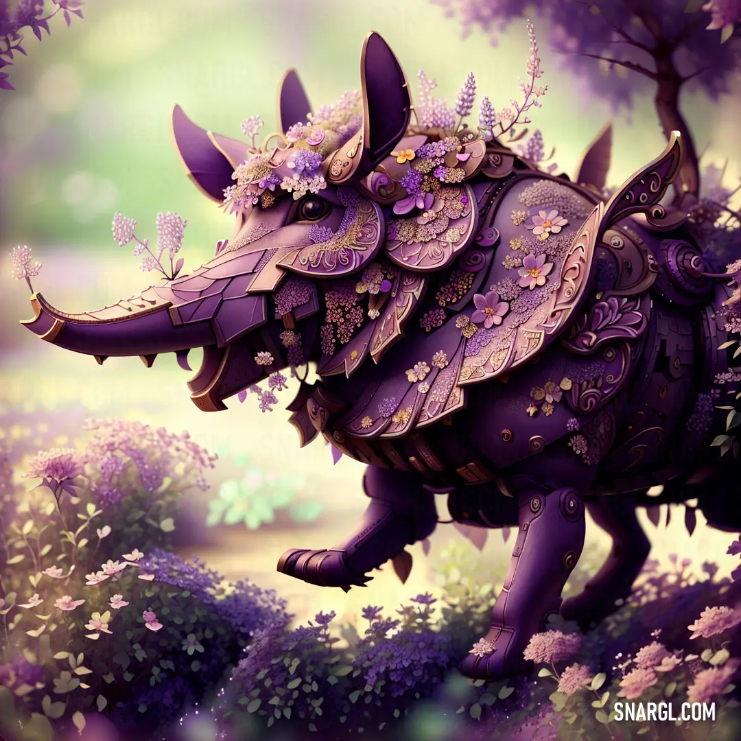 Purple elephant with a flowered body and wings is in a field of flowers and trees. Example of CMYK 10,80,0,50 color.