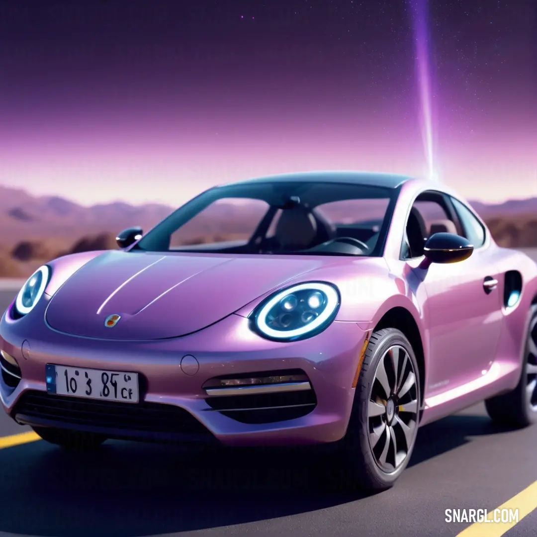 Purple porsche car driving down a road at night with a purple sky in the background. Color NCS S 4040-R30B.