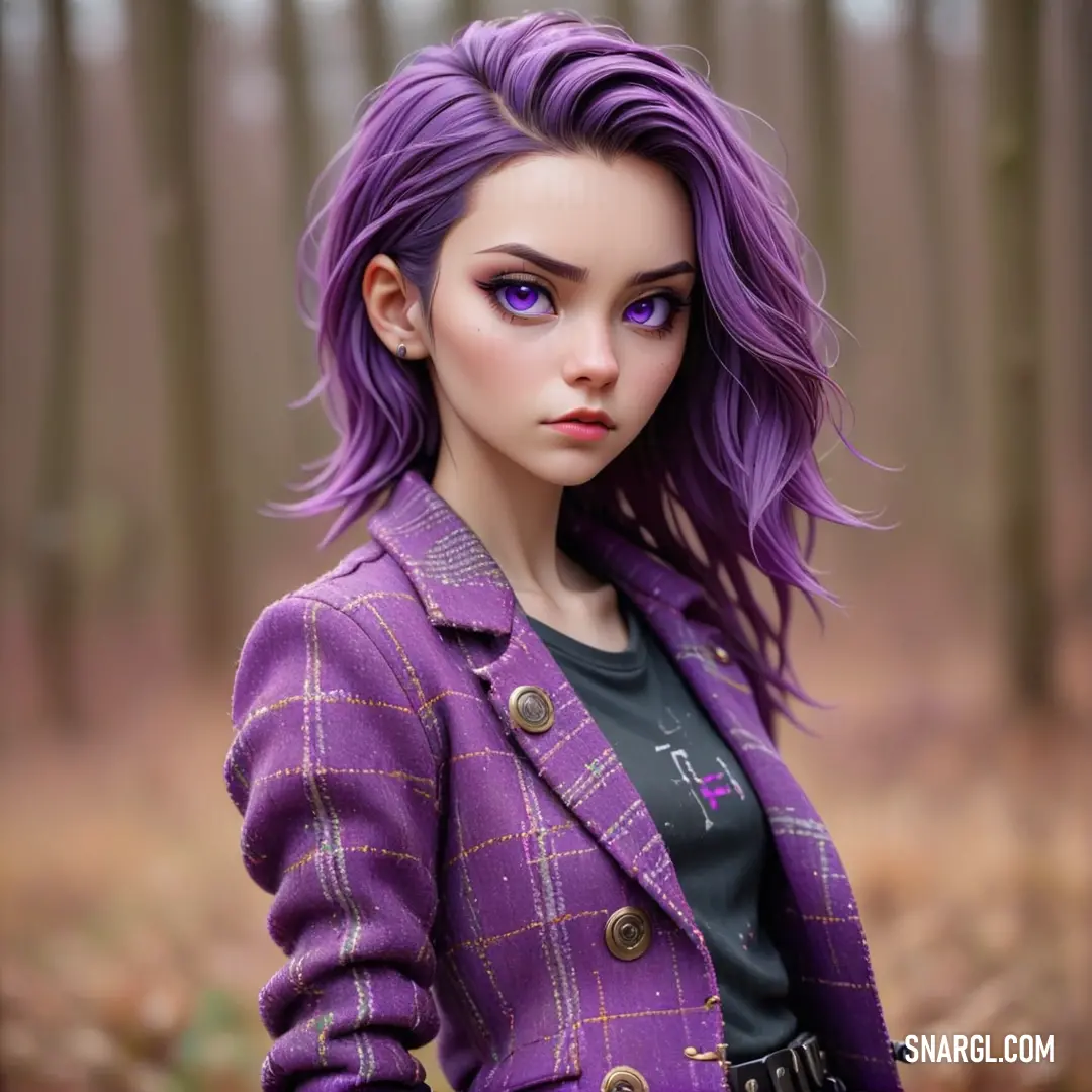 Doll with purple hair and a purple jacket in a forest with trees and leaves in the background. Example of CMYK 35,82,0,40 color.