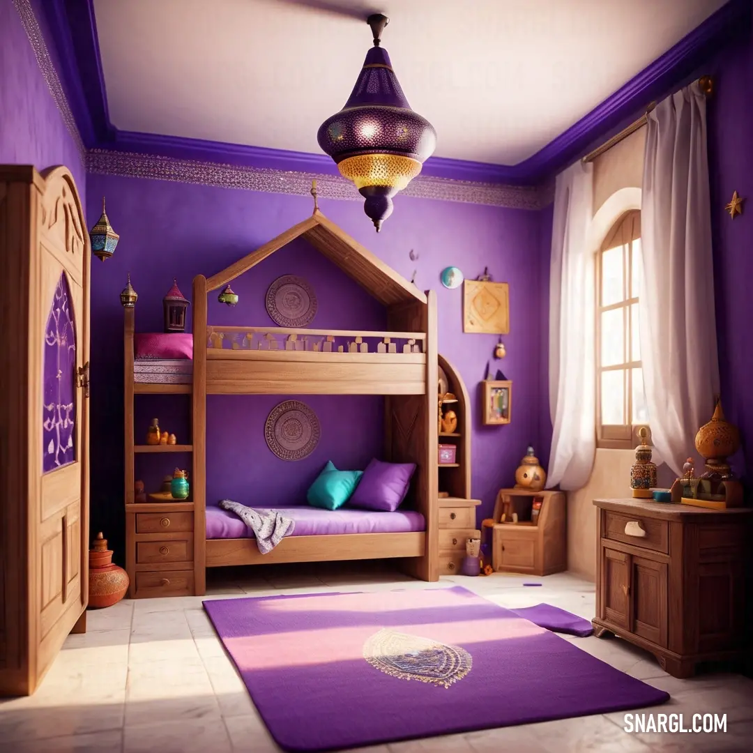 NCS S 4040-R40B color. Purple bedroom with a wooden bunk bed and a purple rug on the floor