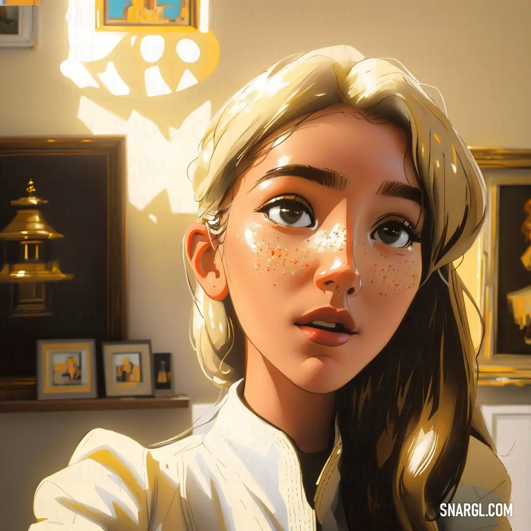 NCS S 4040-Y10R color example: Woman with freckles on her face and a white shirt on her shoulders and a gold framed picture on the wall