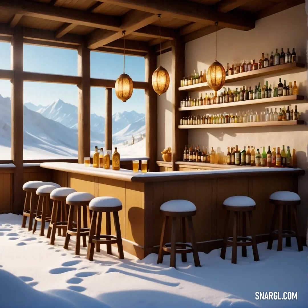 NCS S 4040-Y20R color. Bar with stools and bottles on the counter in a snowy room with mountains in the background