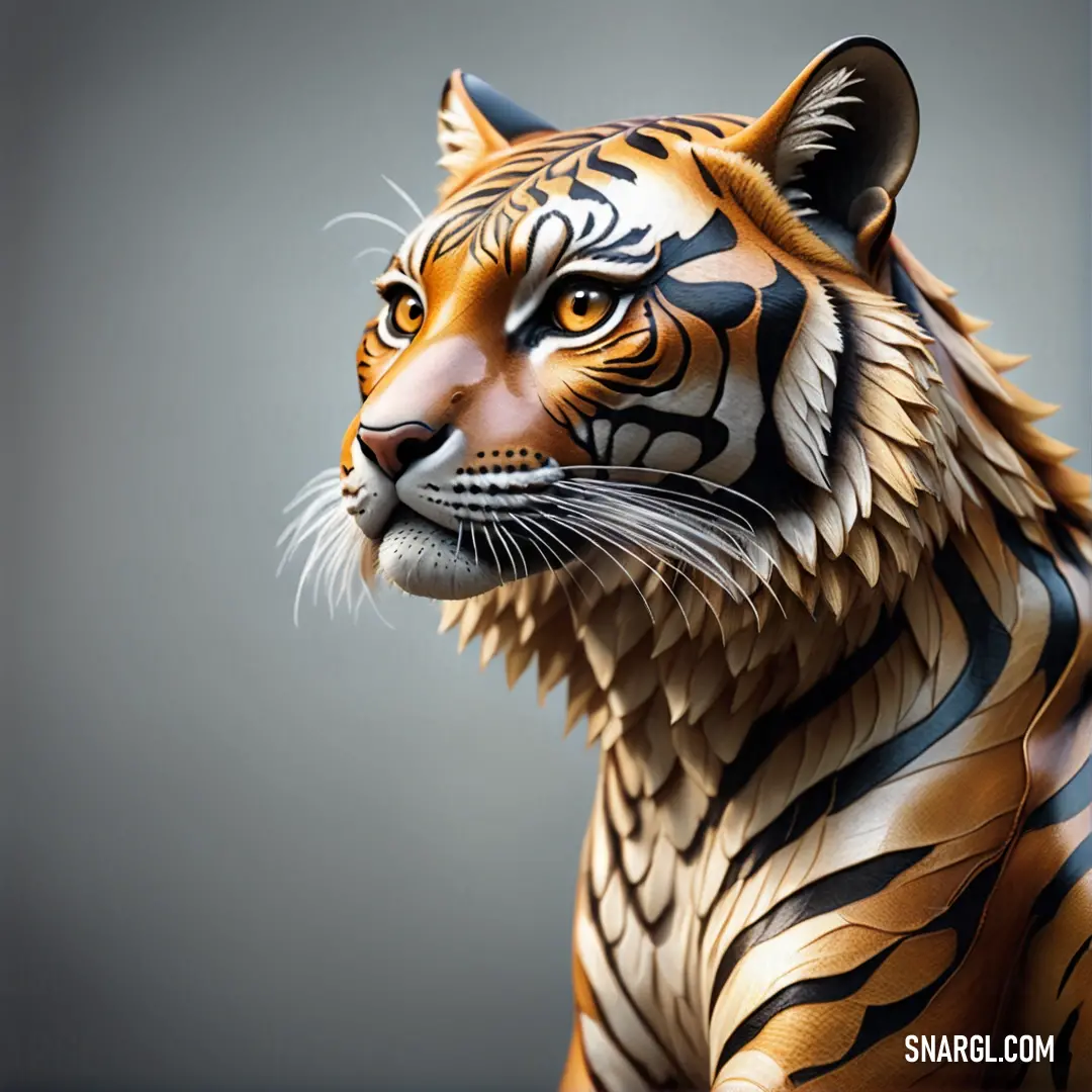 Tiger statue is shown in a realistic manner with a gray background. Example of RGB 143,94,34 color.
