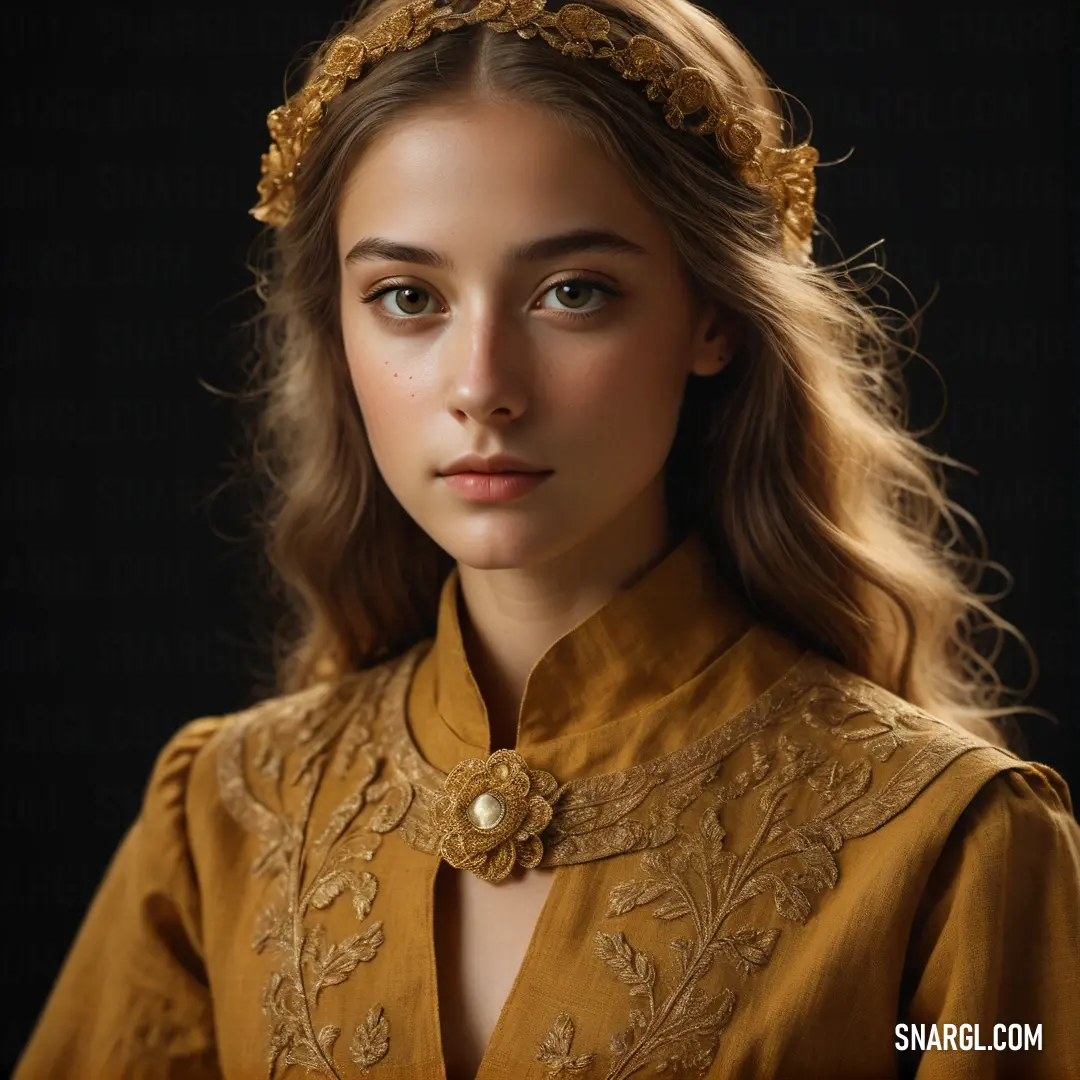 Woman with a golden dress and a gold necklace on her neck and a gold flower in her hair. Example of #8F5E22 color.