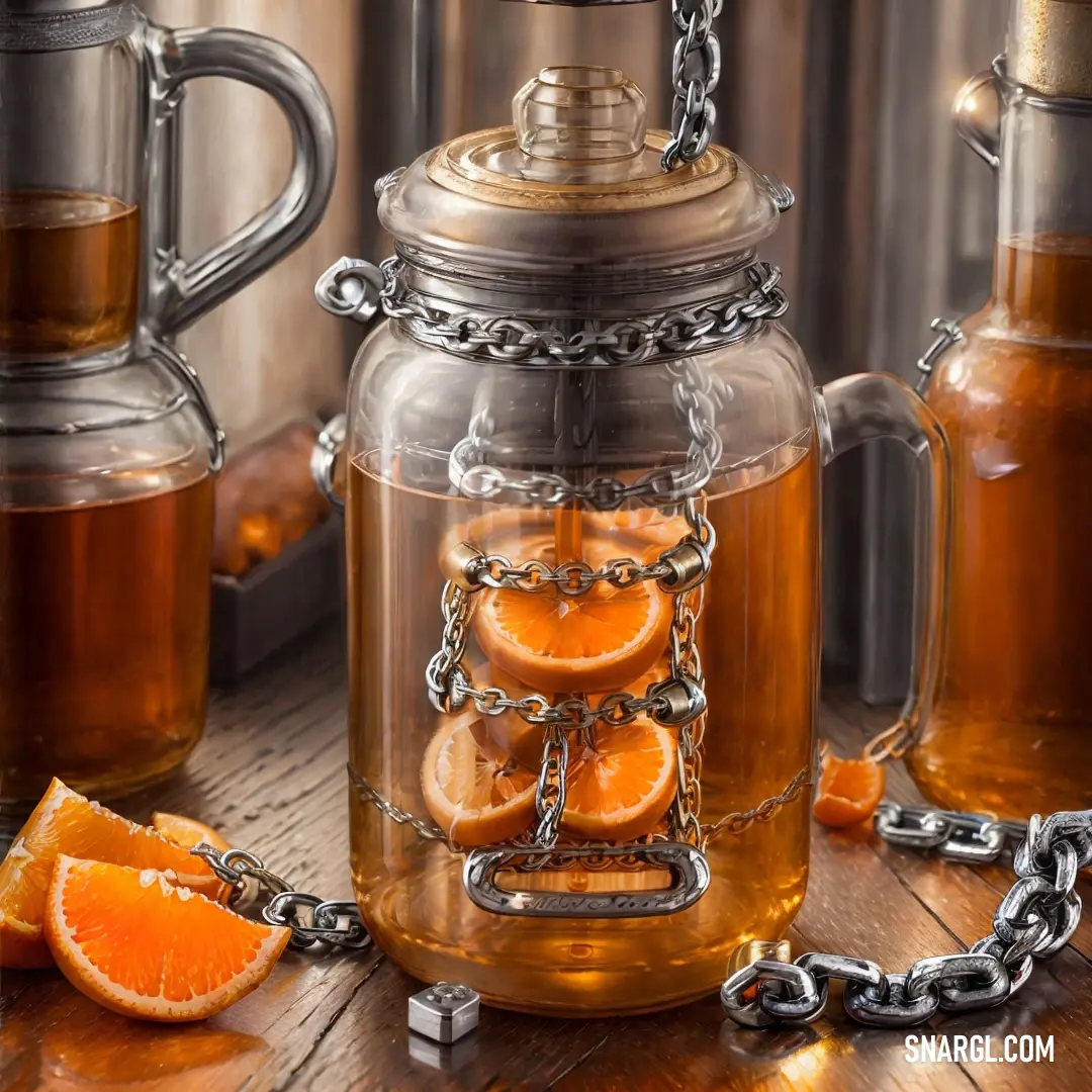 Jar of tea with orange slices in it and a chain around it on a table with other items. Example of RGB 147,67,30 color.