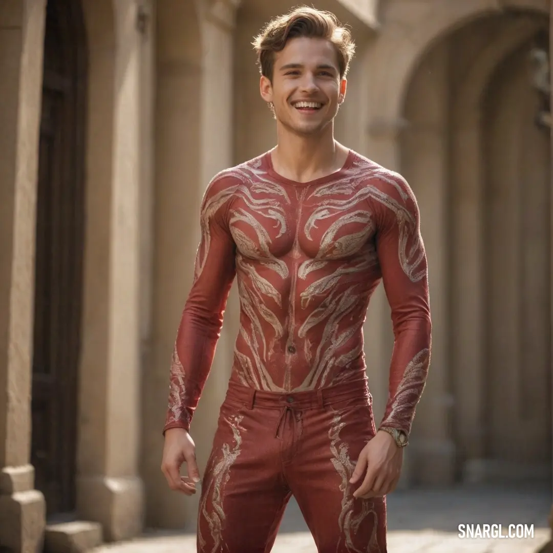 Man with a red body paint on his body and a smile on his face. Color NCS S 4040-Y70R.