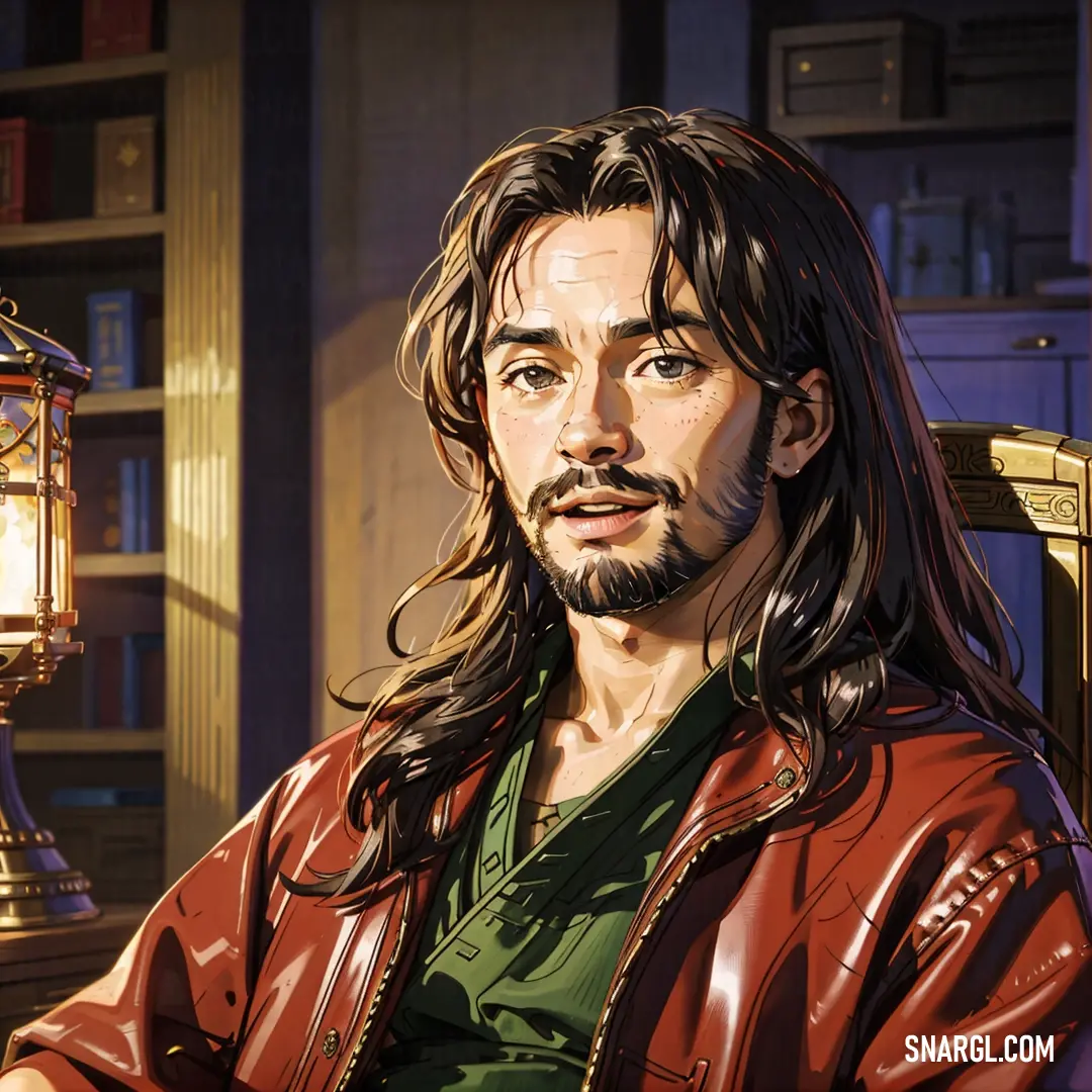 NCS S 4040-Y70R color. Man with long hair and a beard in a chair next to a lamp and bookshelf