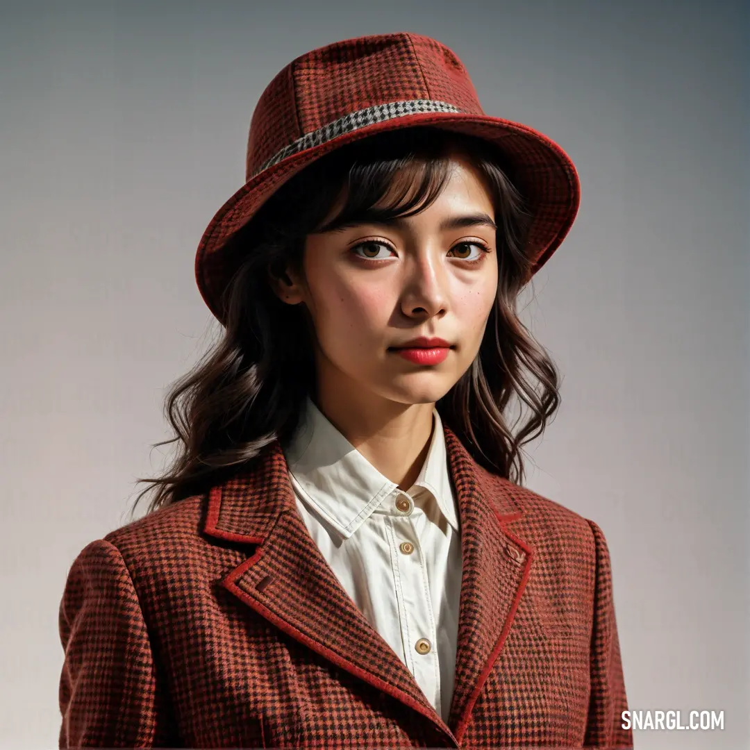 Woman wearing a red hat and a red jacket and white shirt and a white shirt. Example of CMYK 0,72,72,38 color.