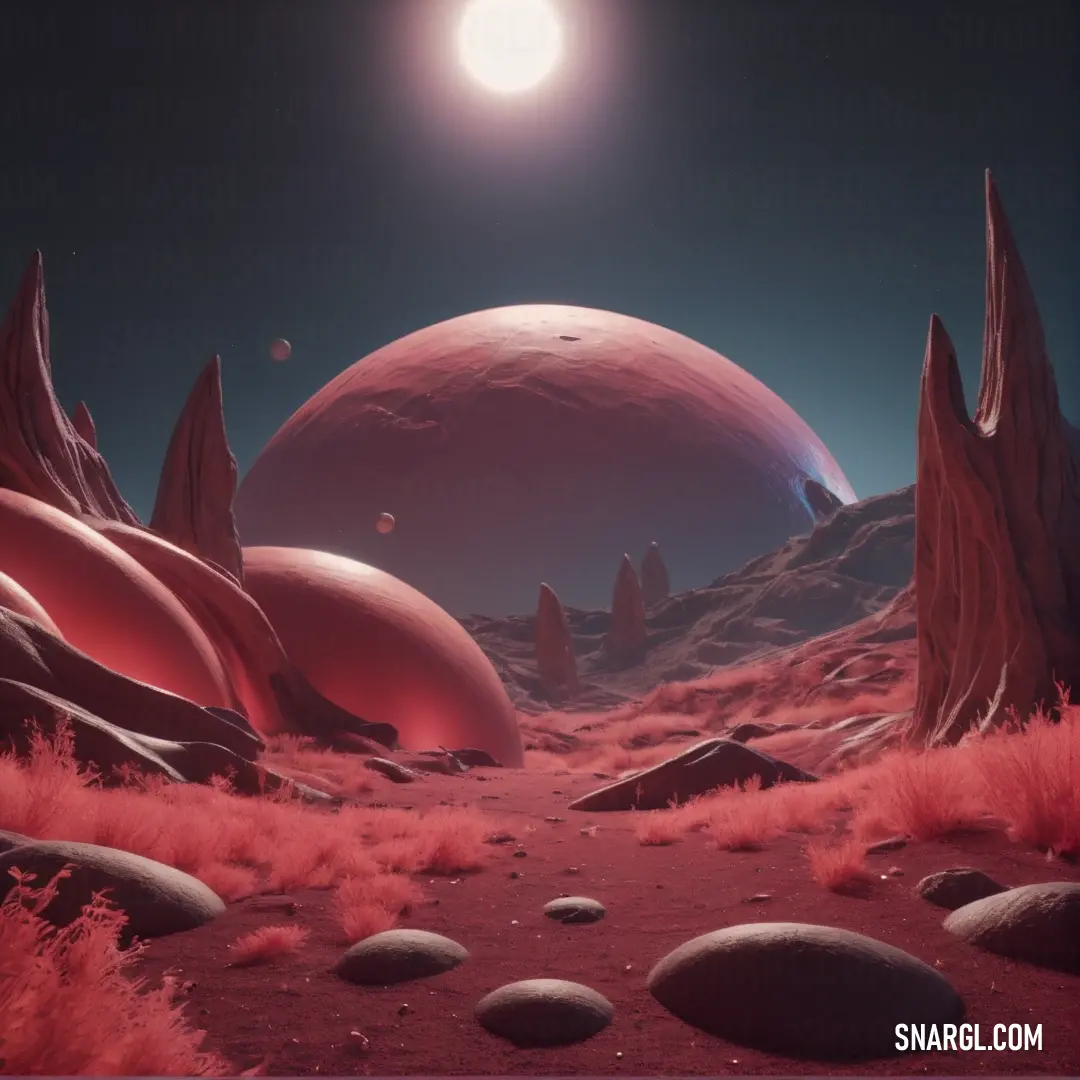 Red planet with a few rocks and grass in the foreground. Color NCS S 4040-Y80R.