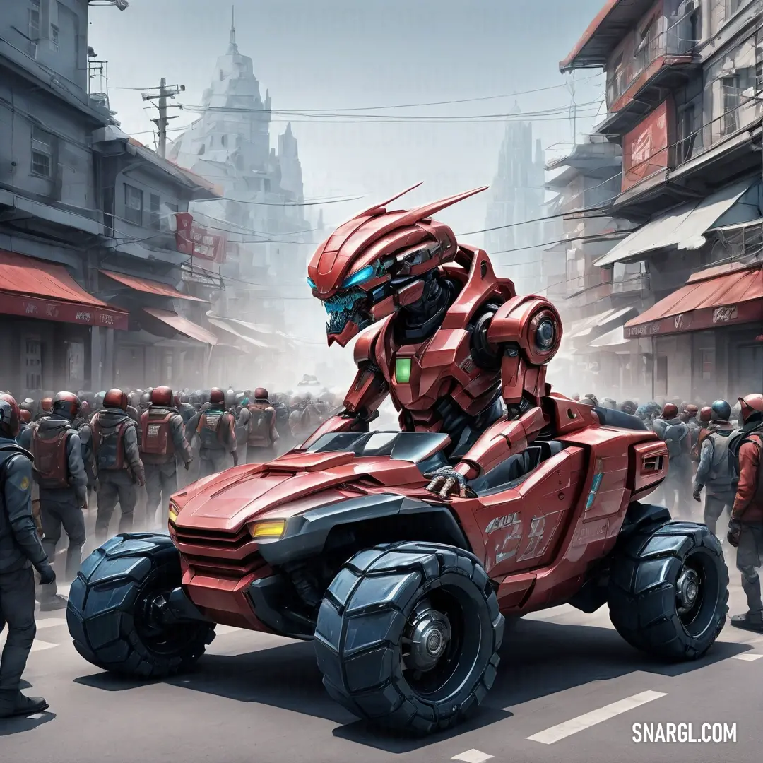 NCS S 4040-Y80R color. Red robot riding on the back of a red vehicle in a city street with people walking around it