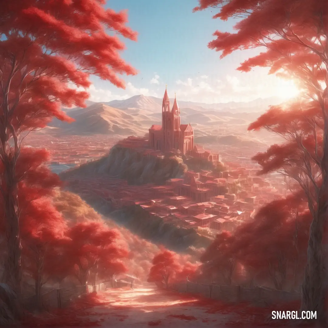 Painting of a castle in the middle of a forest with red trees and a path leading to it. Color #953C36.
