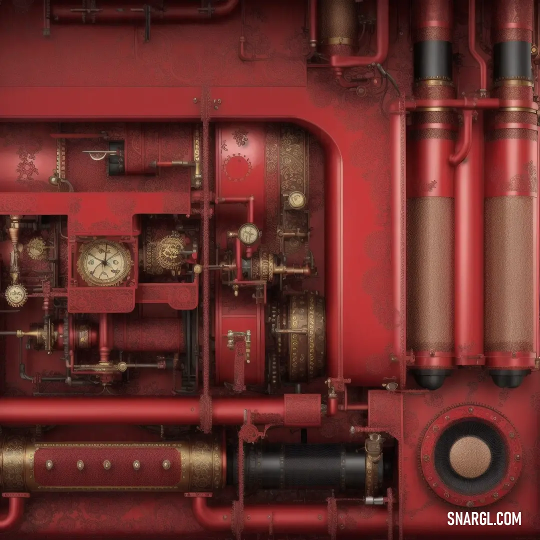 Red and gold colored machine with a clock on it's side and pipes. Color CMYK 0,75,60,40.