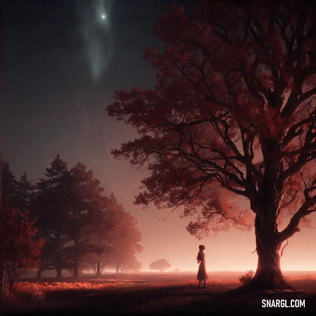 Person standing under a tree in a field at night with a light shining on the sky above them. Color CMYK 0,78,60,45.