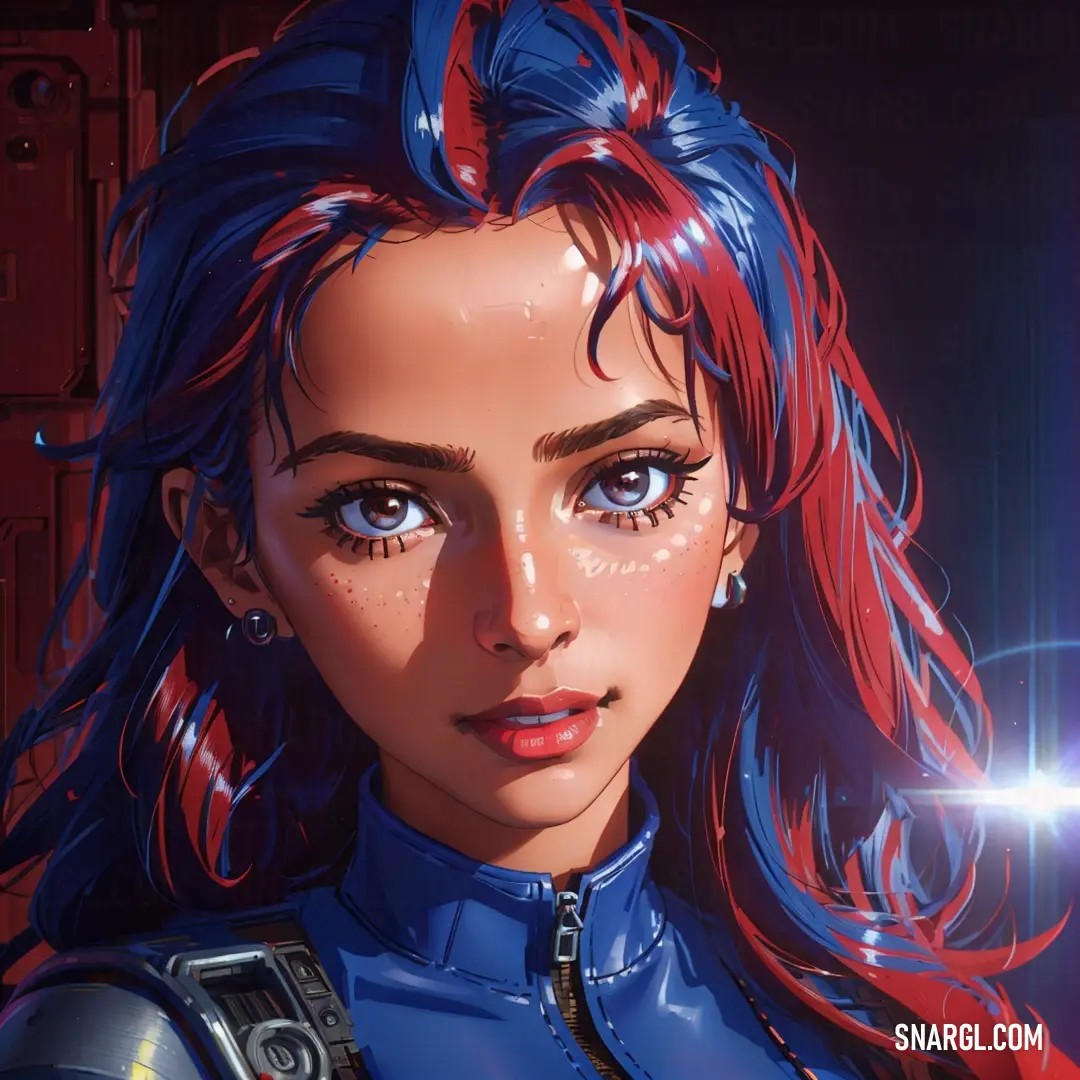 Woman with blue hair and a futuristic suit is staring at the camera with a bright light shining on her face. Example of NCS S 4040-Y90R color.