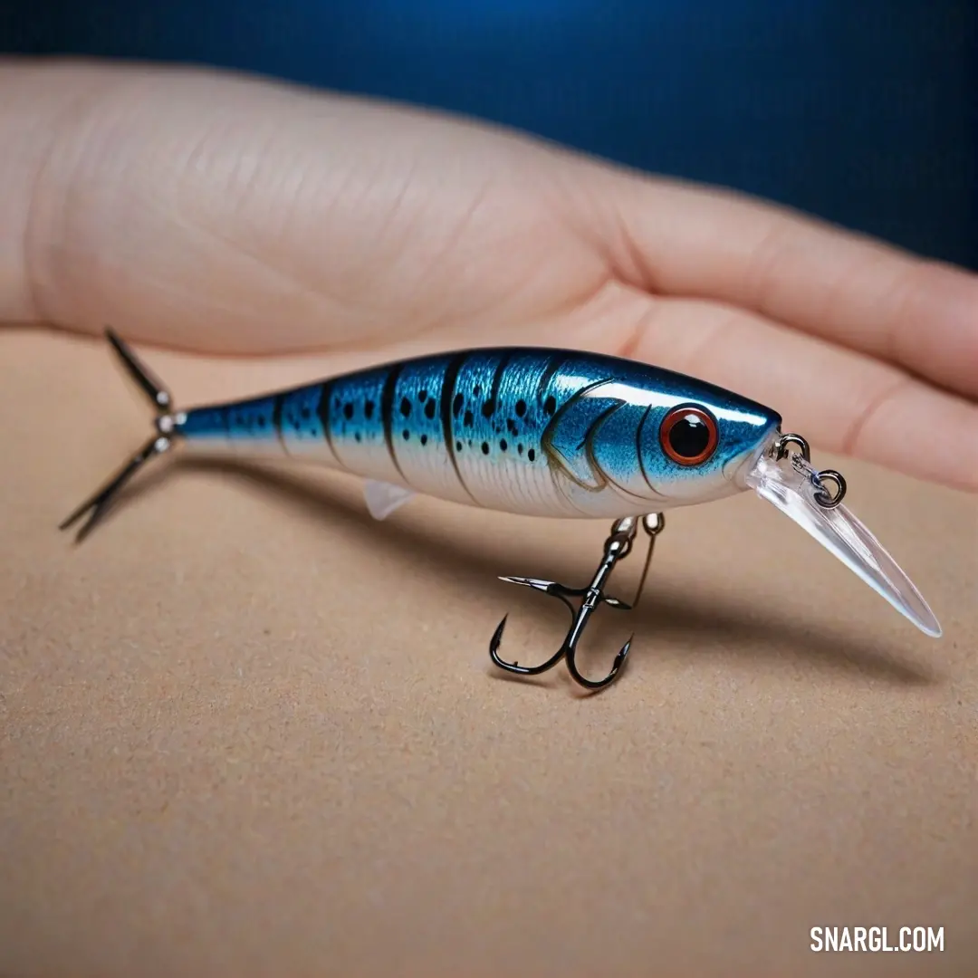 Small blue fish with a hook in it's mouth on a person's hand. Color CMYK 100,10,0,55.