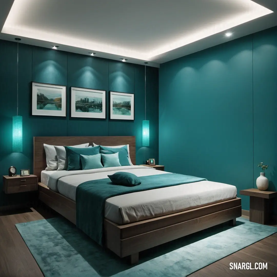 Bedroom with a bed and a blue wall and a blue rug on the floor. Color NCS S 4050-B20G.