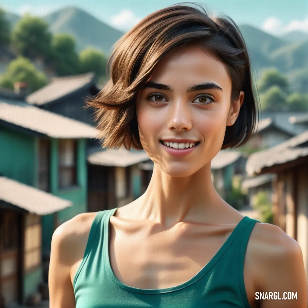 NCS S 4050-B20G color. Woman with a green tank top and a mountain in the background