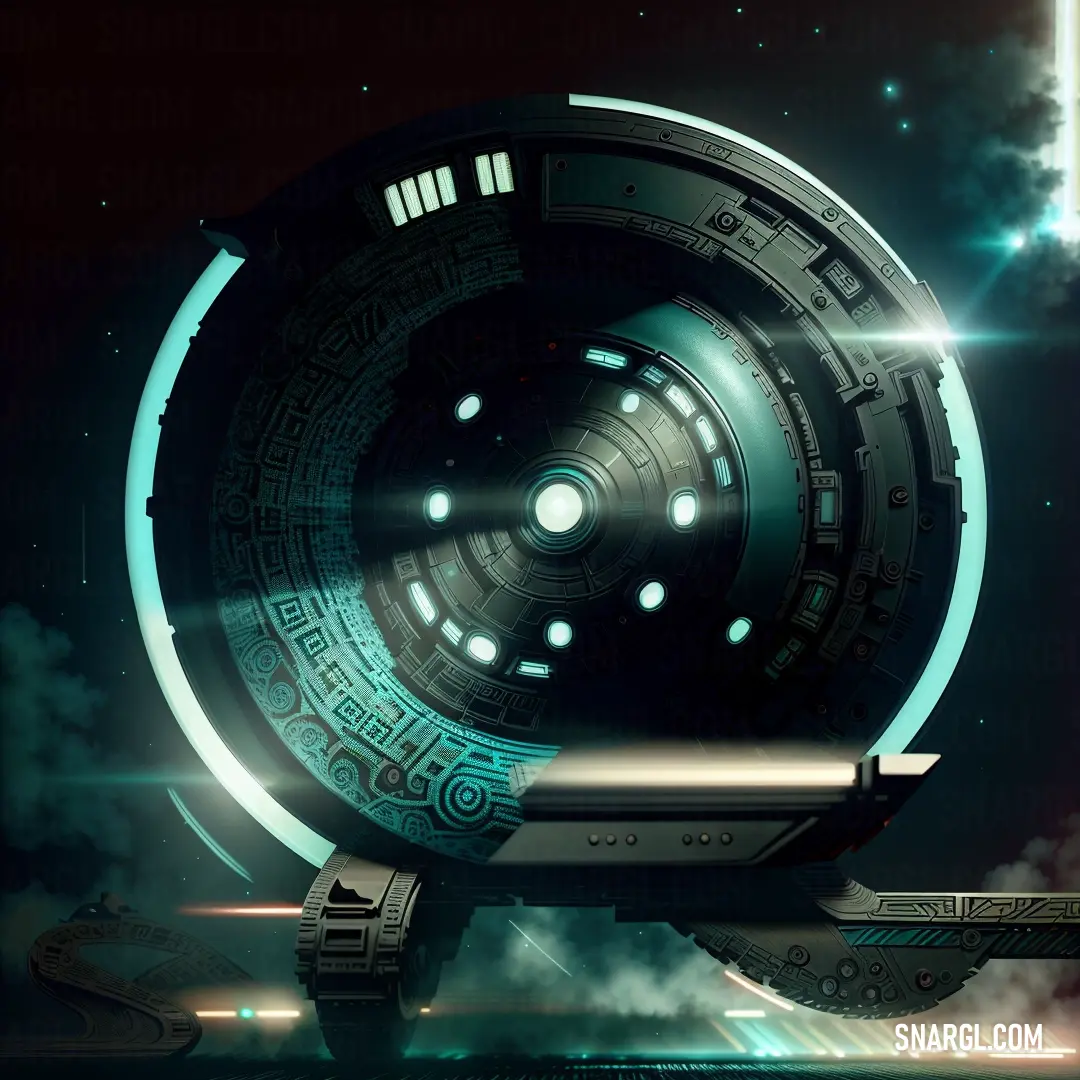 Futuristic space station with a clock on the side of it. Example of RGB 0,100,101 color.