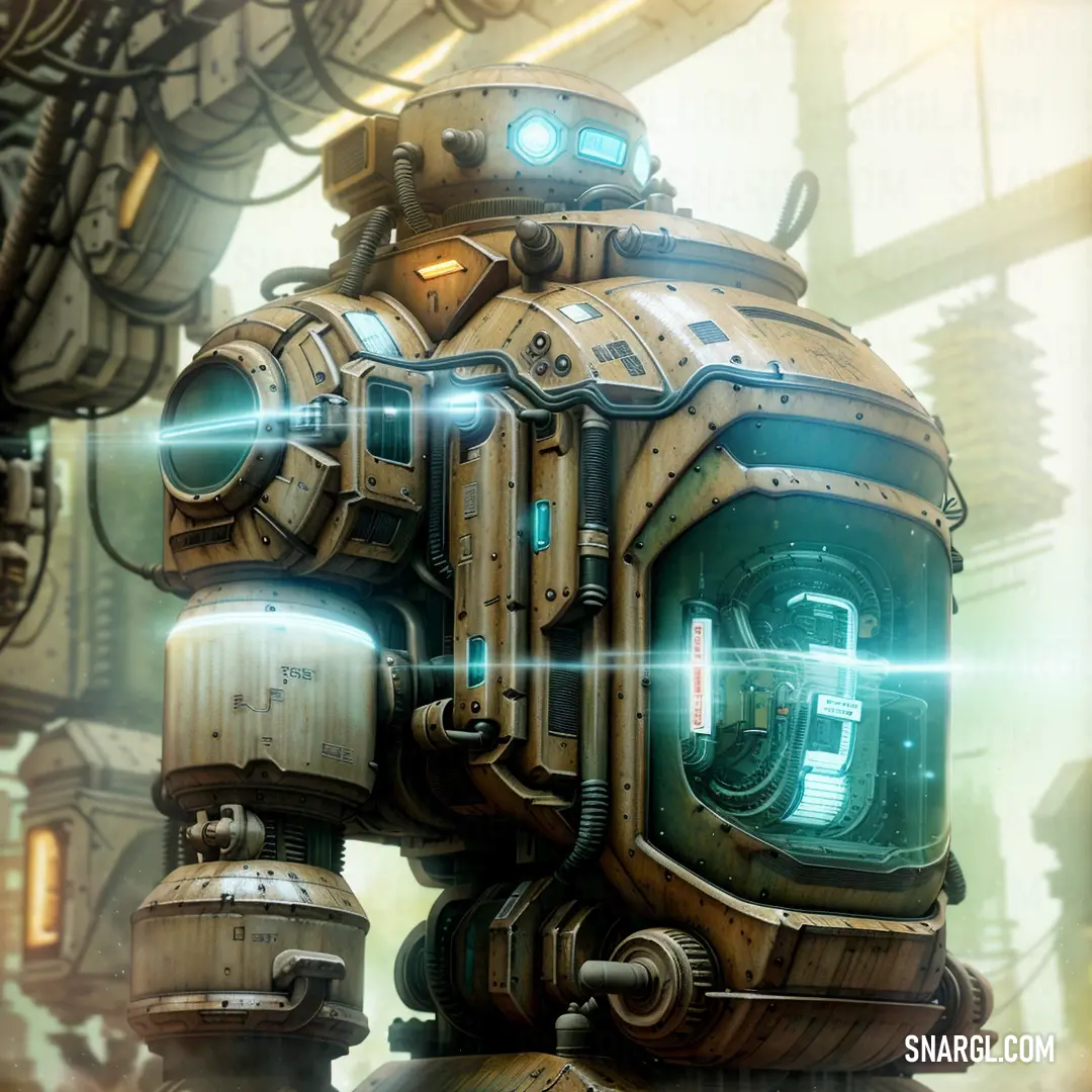 Futuristic looking robot with a camera in its hand and a light shining through it's eyes and head. Color #006465.