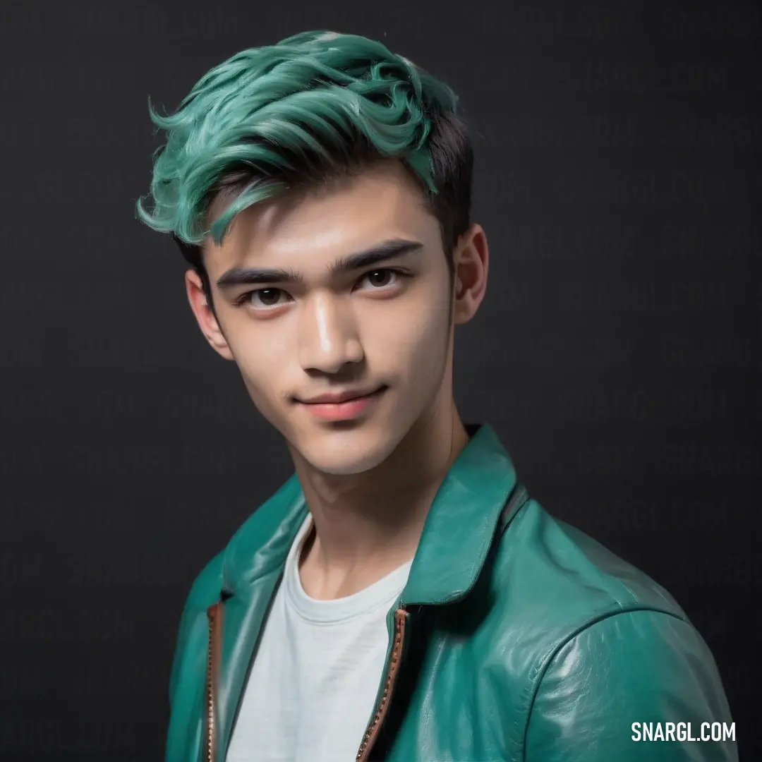 Man with green hair and a leather jacket on a black background. Color CMYK 100,0,42,50.
