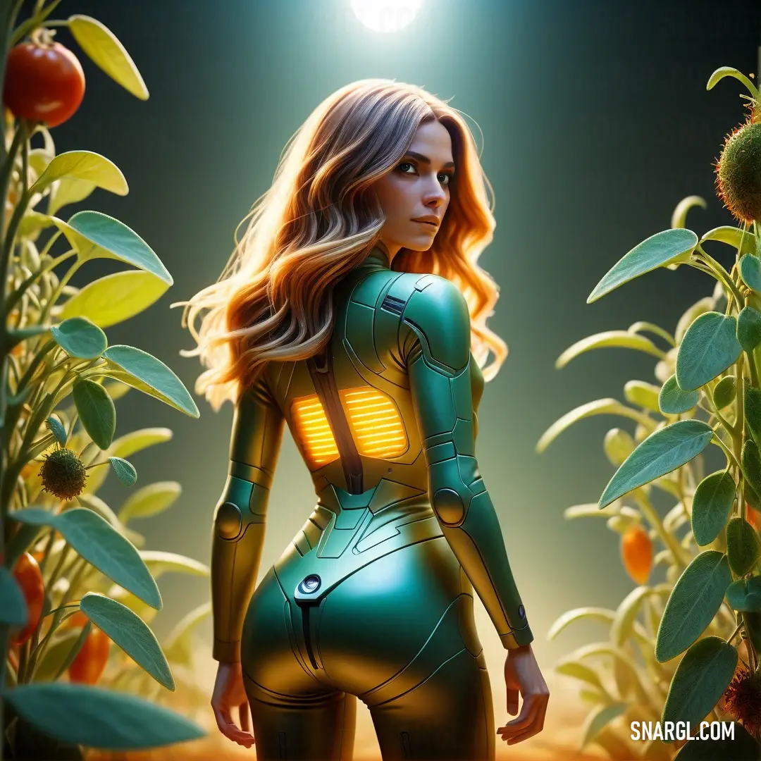 Woman in a futuristic suit standing in a field of sunflowers at night with a full moon in the background. Color #006A63.