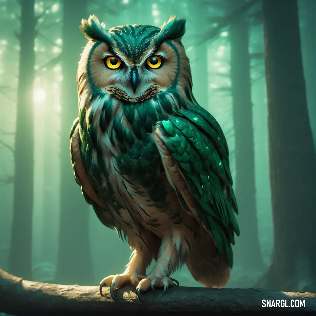 Green owl on a branch in a forest with trees and fog in the background. Example of NCS S 4050-B50G color.