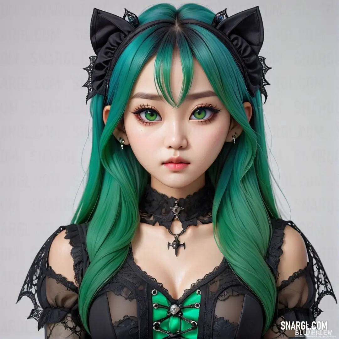 NCS S 4050-B50G color. Doll with green hair and black laces on her head and a cat ears on her head