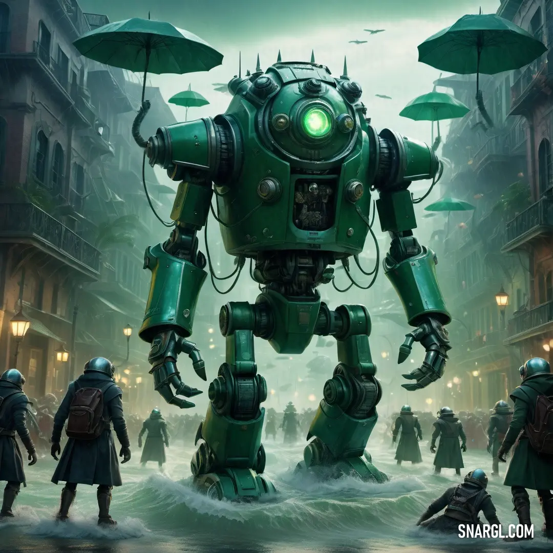 Green robot standing in the middle of a street with people walking around it and umbrellas hanging from the roof