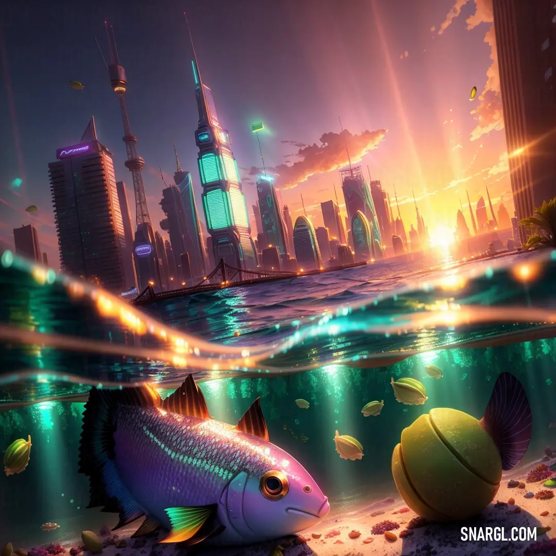 Fish swimming in the ocean near a city at night time with lights on the buildings. Color #006855.