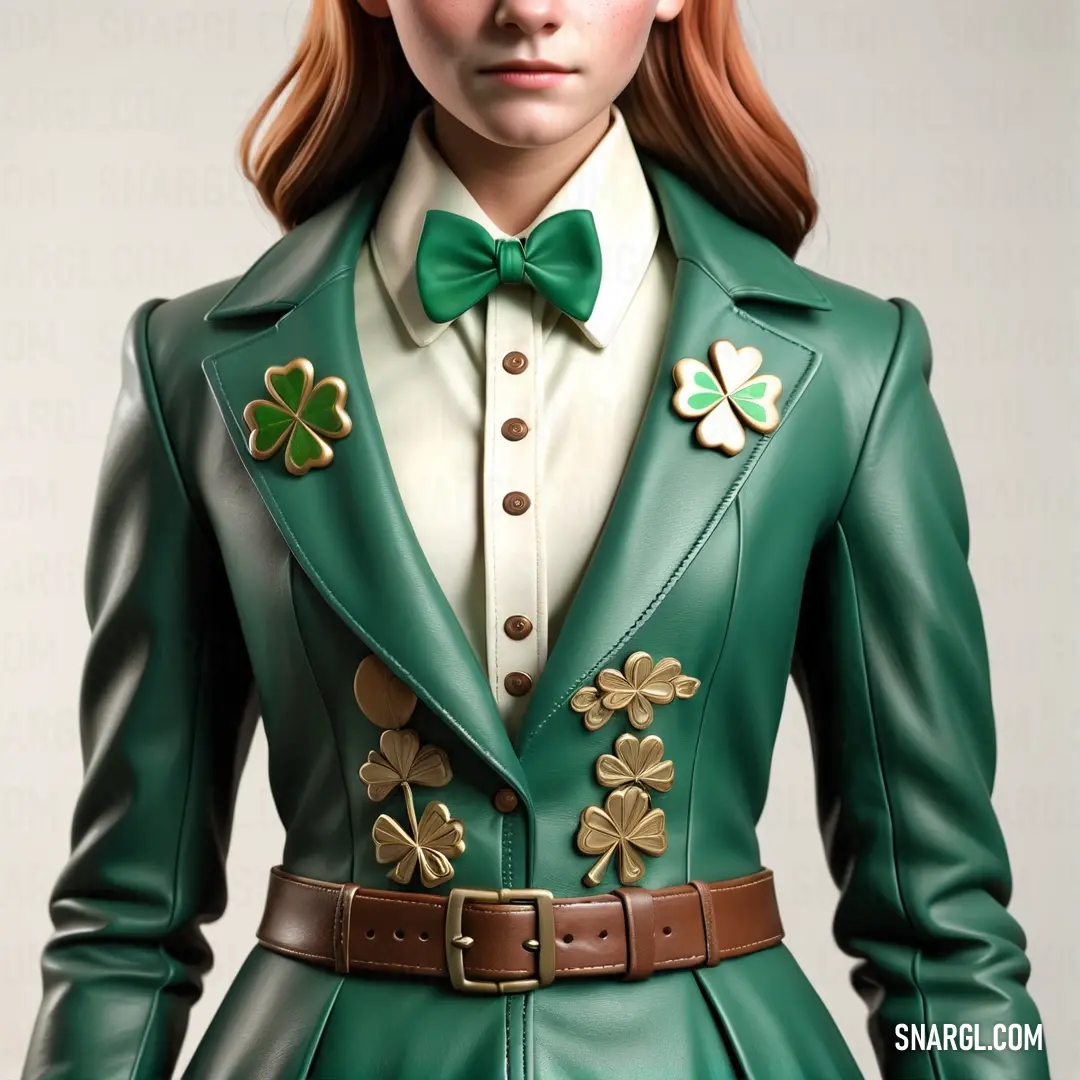 NCS S 4050-B60G color example: Woman in a green suit with shamrocks on her lapel and a green bow tie