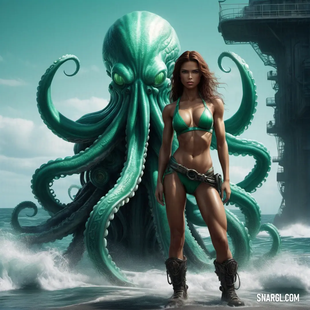 Woman in a bikini standing in front of an octopus in the ocean with a ship in the background. Color CMYK 100,0,62,45.
