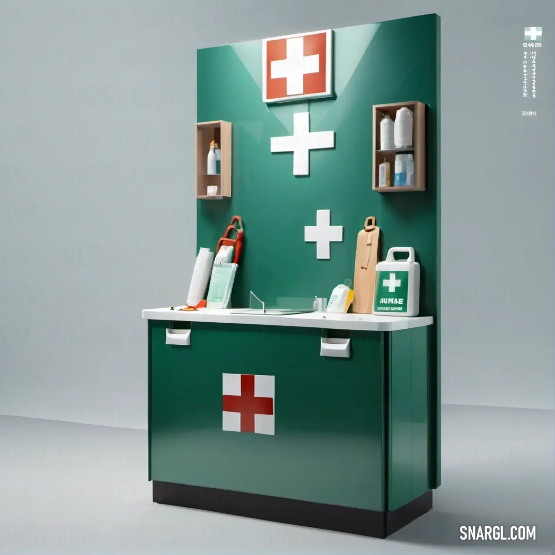 Green medical cabinet with a red cross on it's side and a white cross on the top. Example of NCS S 4050-B70G color.
