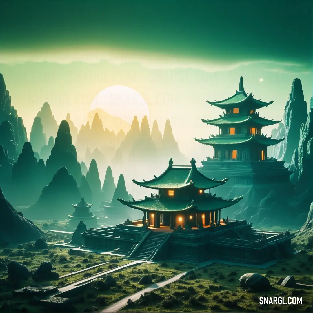 Painting of a chinese temple in the mountains at night with the sun setting behind it. Color NCS S 4050-B70G.