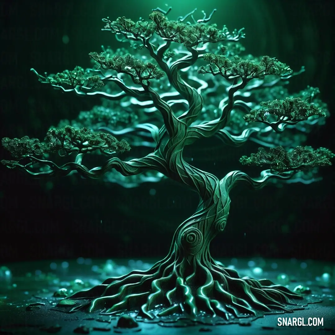 NCS S 4050-B70G color example: Painting of a tree with a green light shining on it's branches and roots