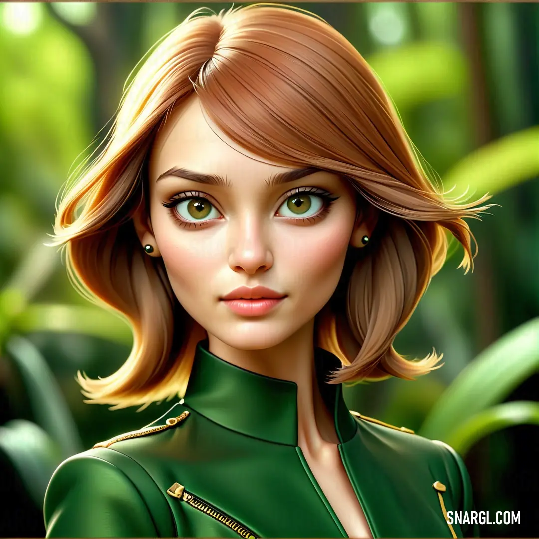 Digital painting of a woman in a green dress with a green jacket on and a gold frame around her neck. Example of CMYK 82,0,92,47 color.