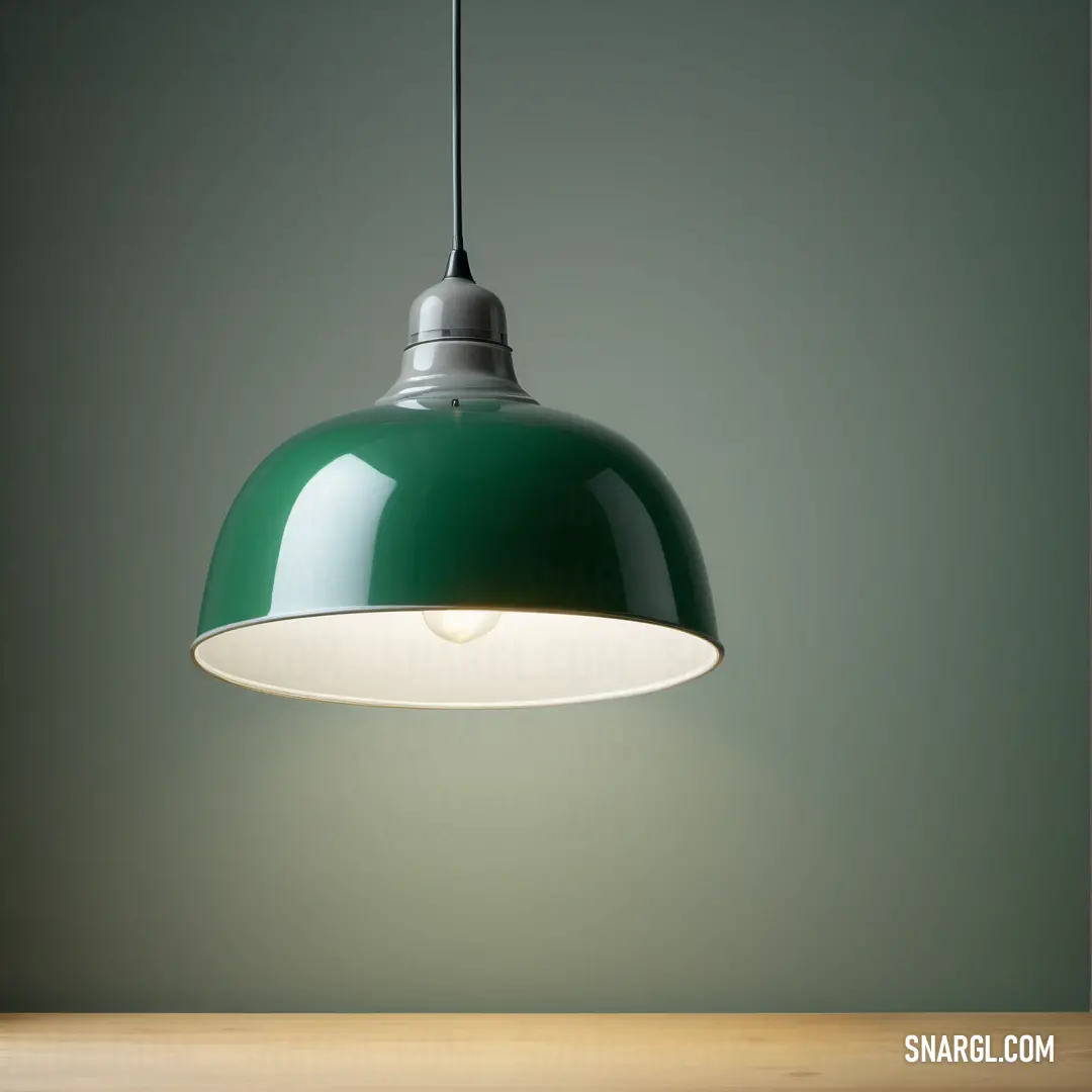 Green light hanging from a ceiling fixture on a table with a green wall behind it. Color #006A20.