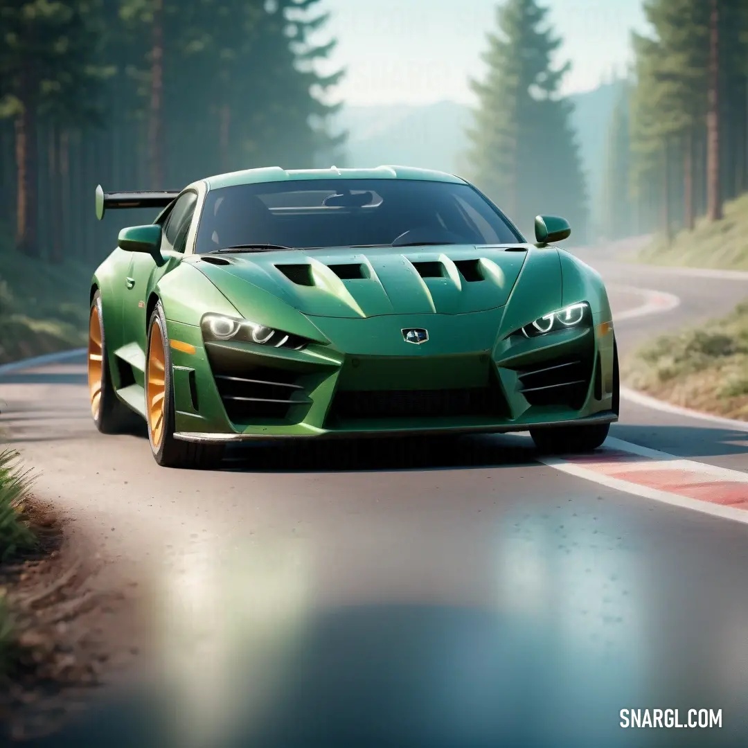 Green sports car driving down a road in the woods with fog on the ground and trees in the background. Example of #006A20 color.